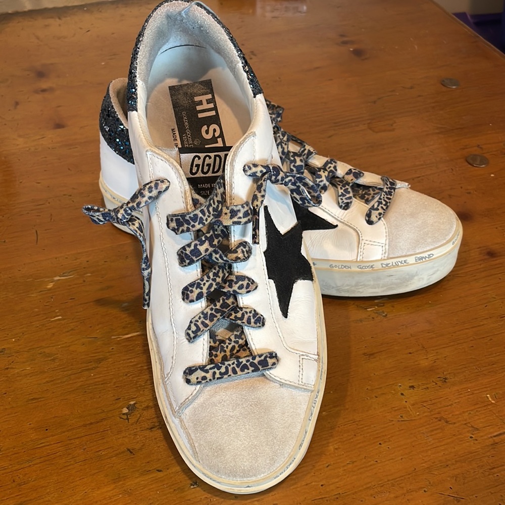 Golden goose Hi Stars size 39 white with black star and blue crystals